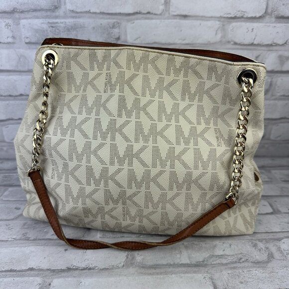 Michael Kors Jet Set Shoulder Bag Purse MK Logo Vanilla/Tan - Picture 2 of 5